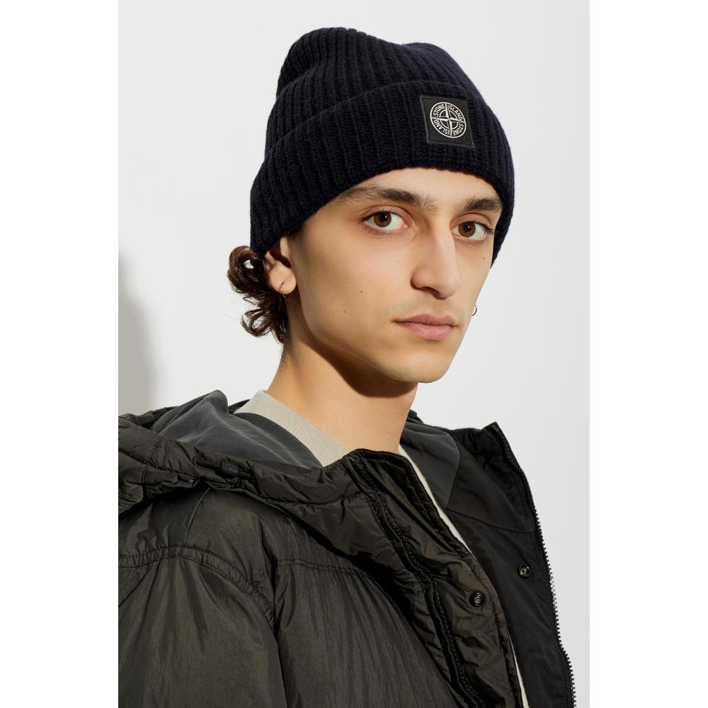 STONE ISLAND Logo Patch Knit Beanie Black Men’s