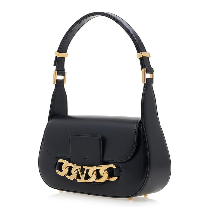 VALENTINO Garavani V-Logo Chain Shoulder Bag Black Leather