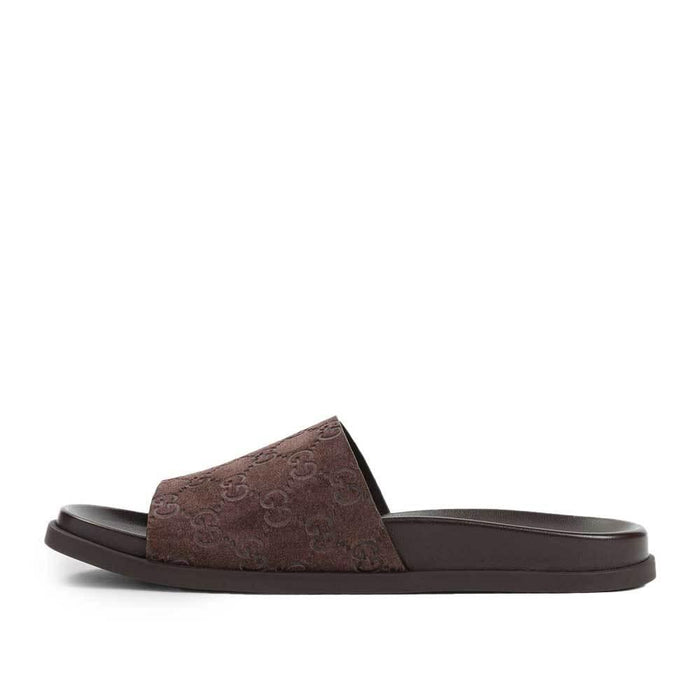 GUCCI Men’s GG Logo Slide Sandals Brown Leather Slippers