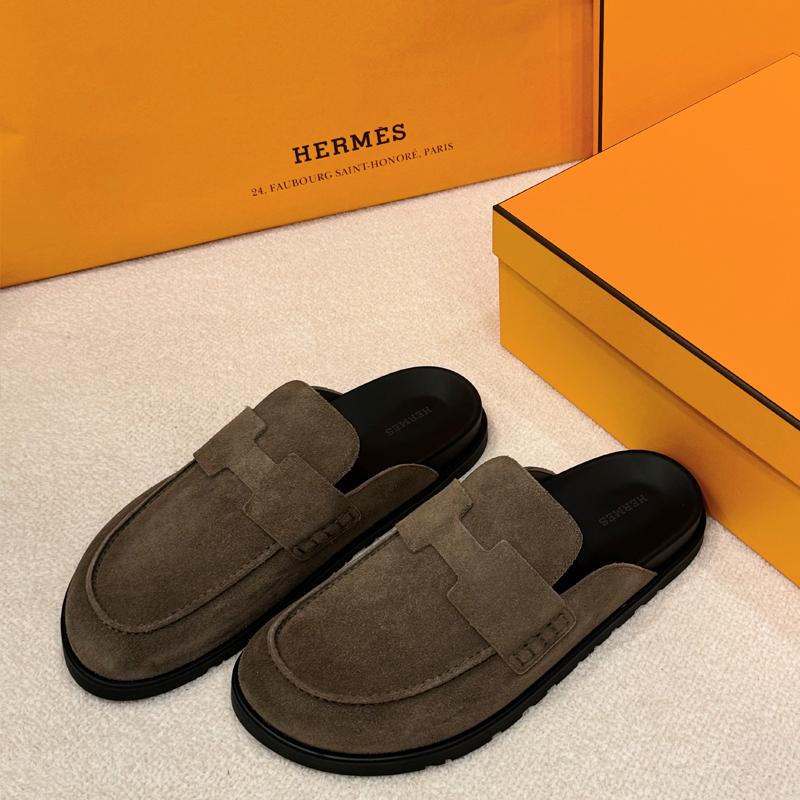 HERMES Etoupe Suede Calfskin Go Mule Sandals for Men