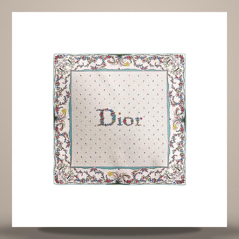 DIOR Amour Revolution Flower 90 Square Scarf White Multicolor Silk Twill