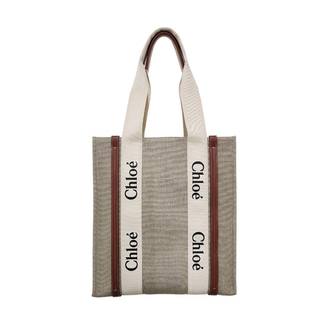 Chloe Woody NS Tote Bag Beige Canvas Leather Trim