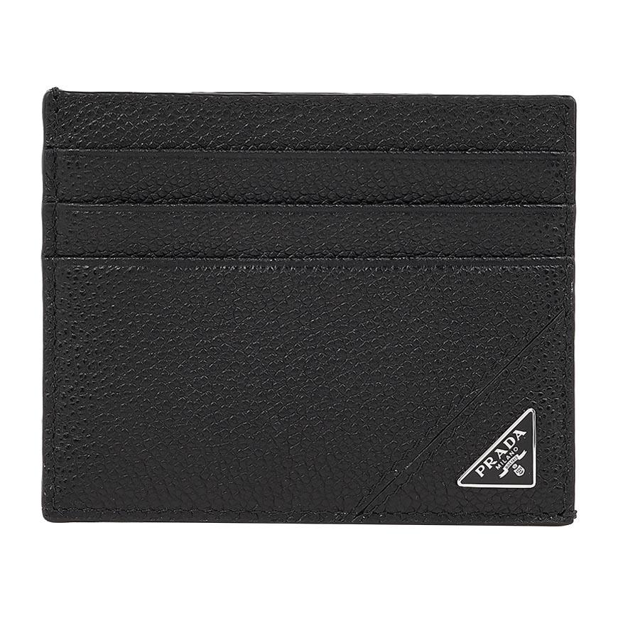 PRADA Vitello Leather Triangle Logo Card Holder Black