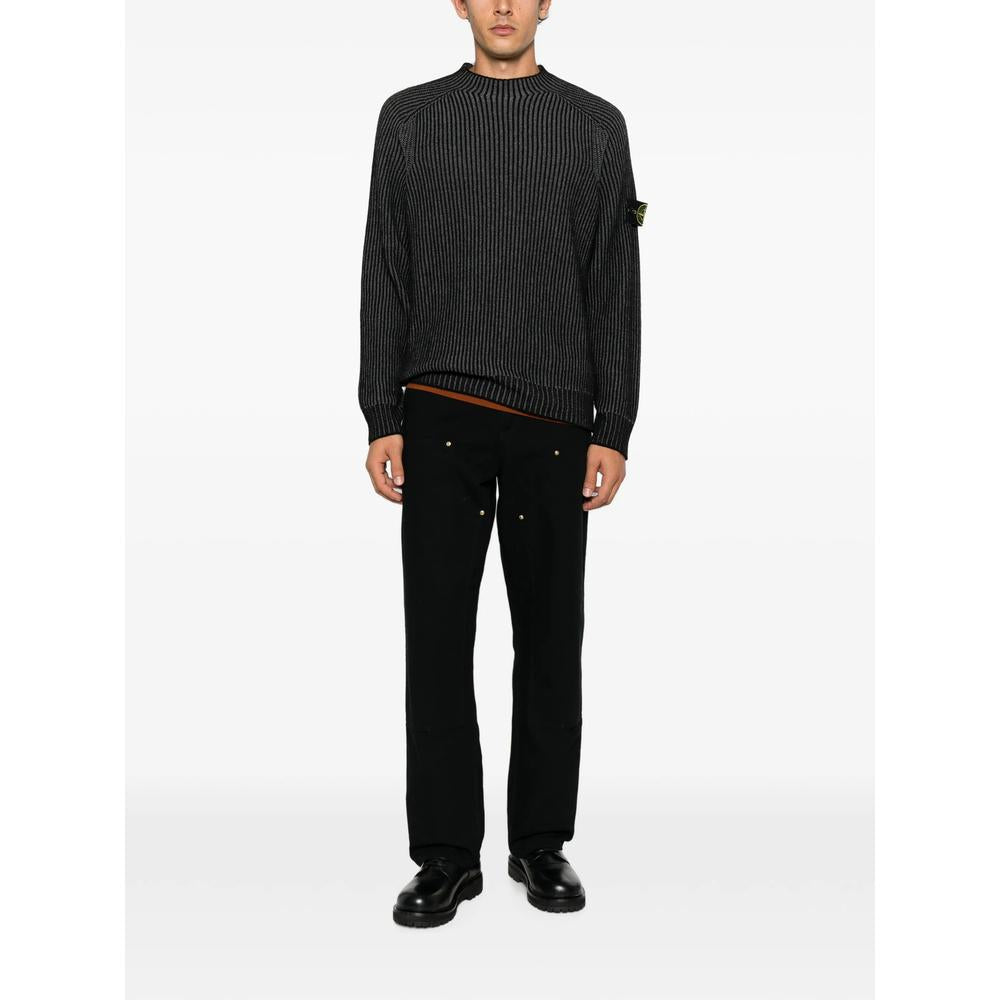 STONE ISLAND Black Wool Crewneck Knit Sweater