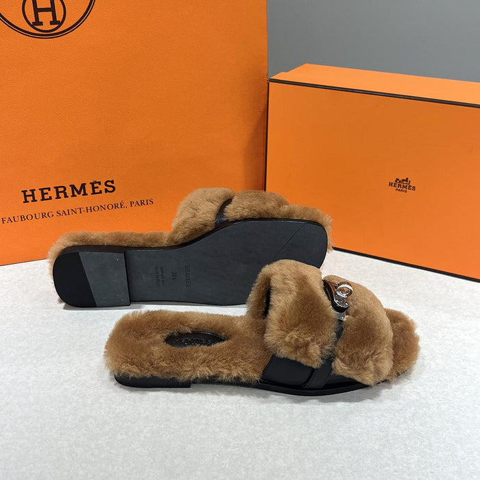 HERMES Shearling Calfskin Julia Sandals Brown Black Silver-tone