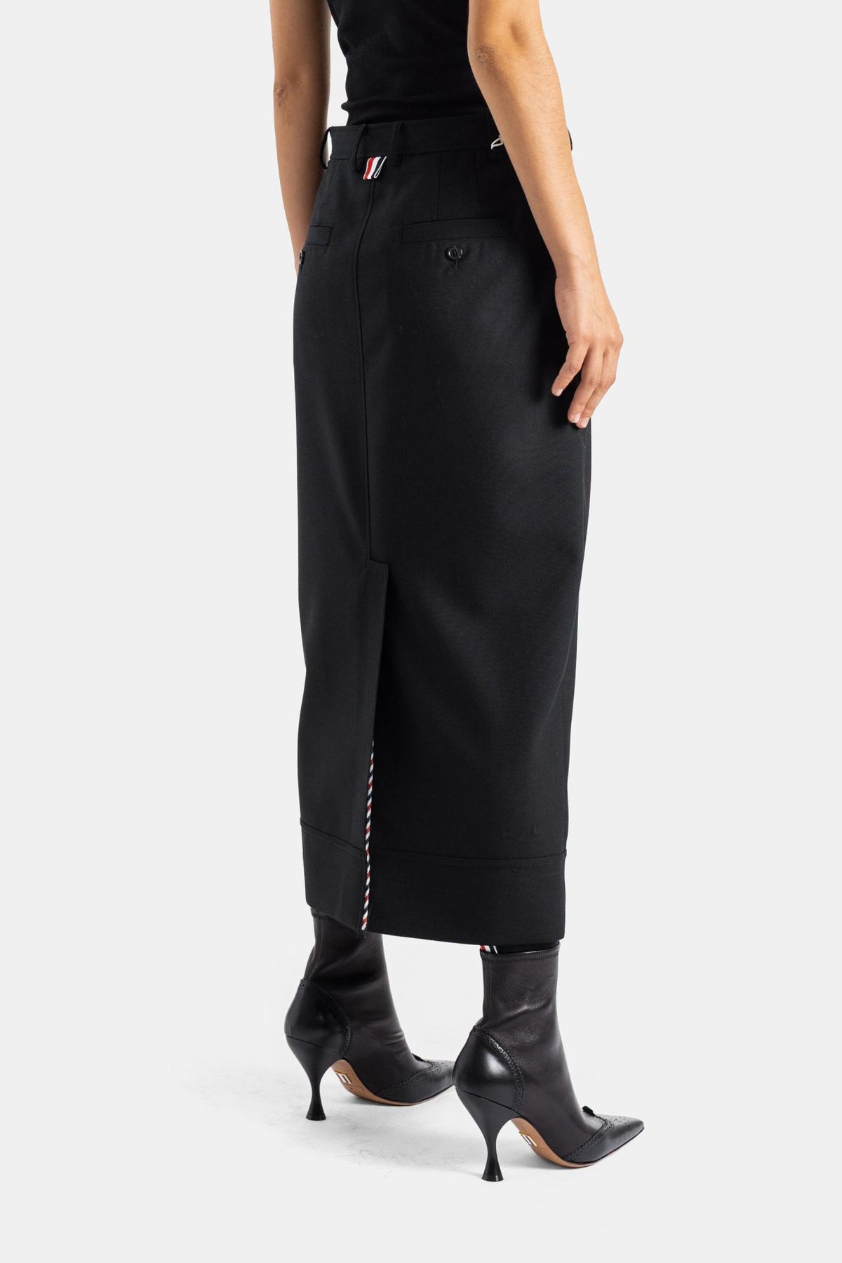 THOM BROWNE Long Skirt Black Wool Pleated Midi Skirt