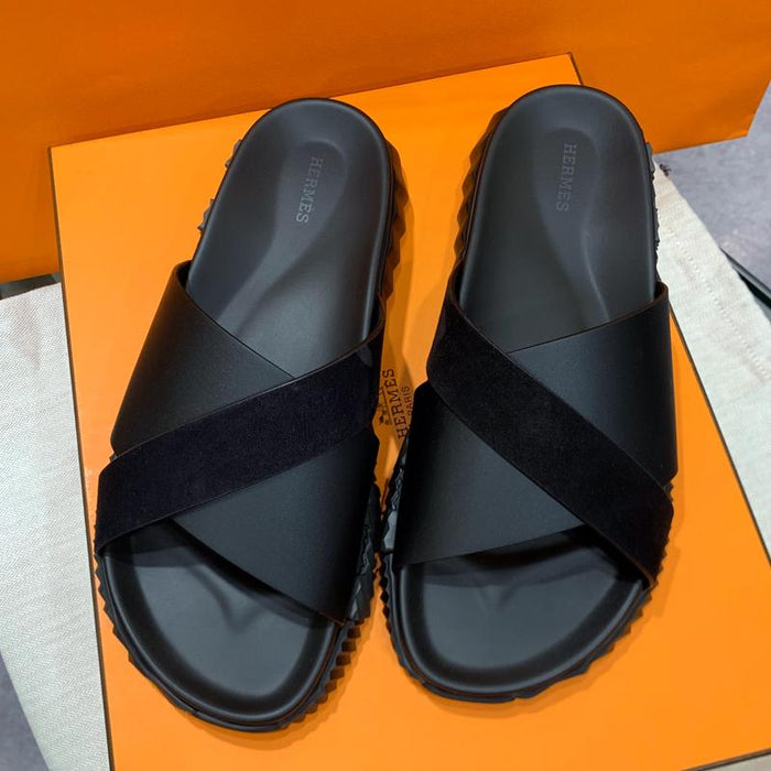 HERMES Men’s Suede Calfskin All Black Infra Sandals