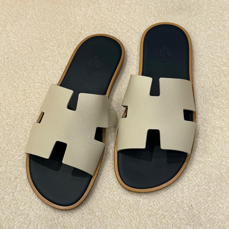 HERMES Izmir Sandals Calfskin Epsom White Navy Men's Slides