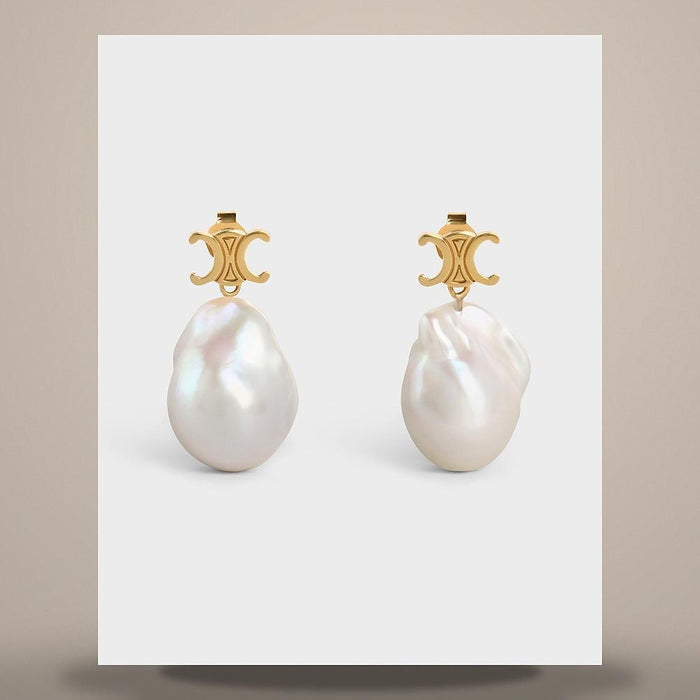 CELINE Gold Brass Baroque Cultured Pearl Earrings Ivory