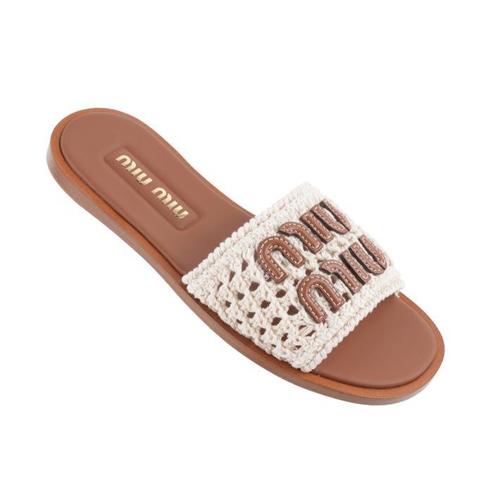 Miu Miu Cotton Crochet Leather Slide Sandals