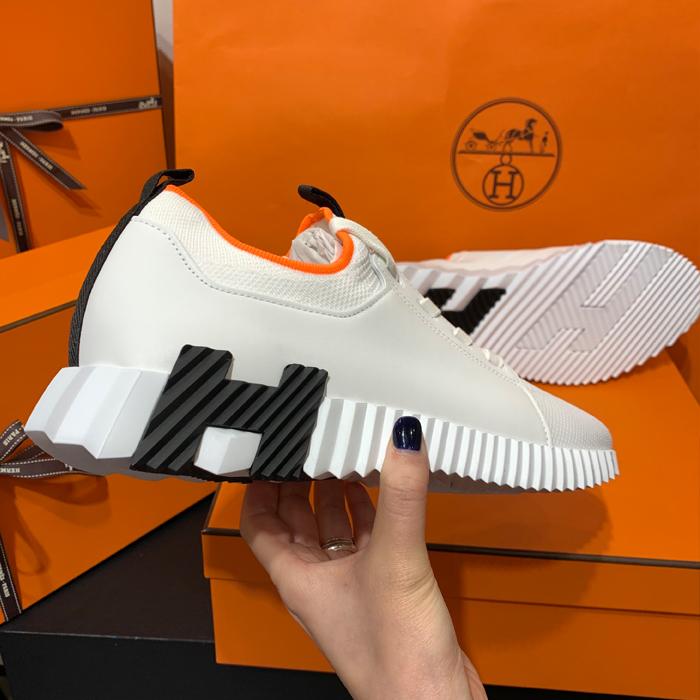HERMES Knit Calfskin White H Black Low-Top Sneakers