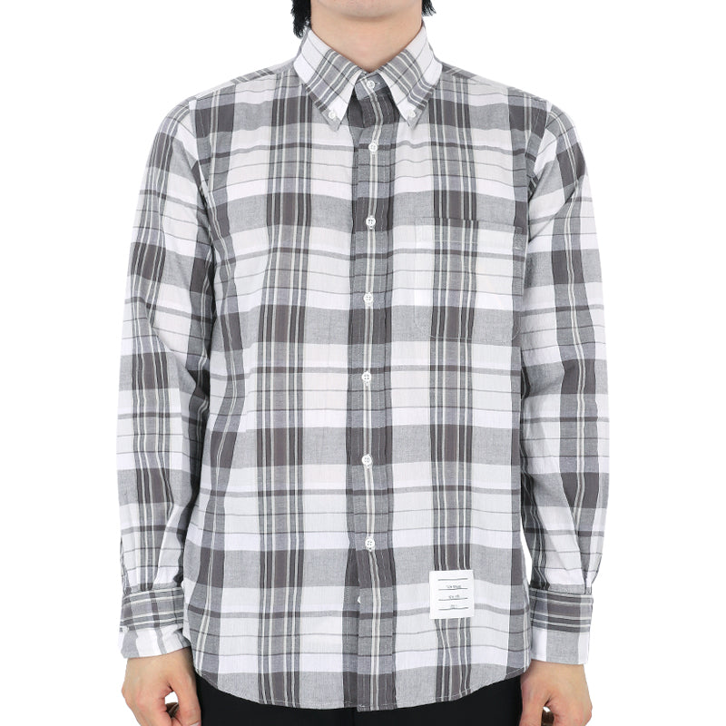 THOM BROWNE Madras Check Straight Long Sleeve Shirt Gray Men