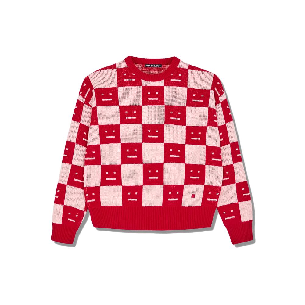 Acne Studios Logo Checkerboard Wool Crewneck Sweater Red Pink C60055 CW6