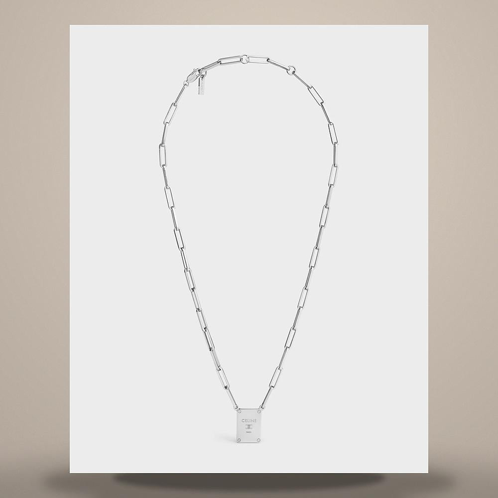 CELINE Triomphe Tag Necklace Rhodium-Finish Brass Silver B10GN4W96 36SI