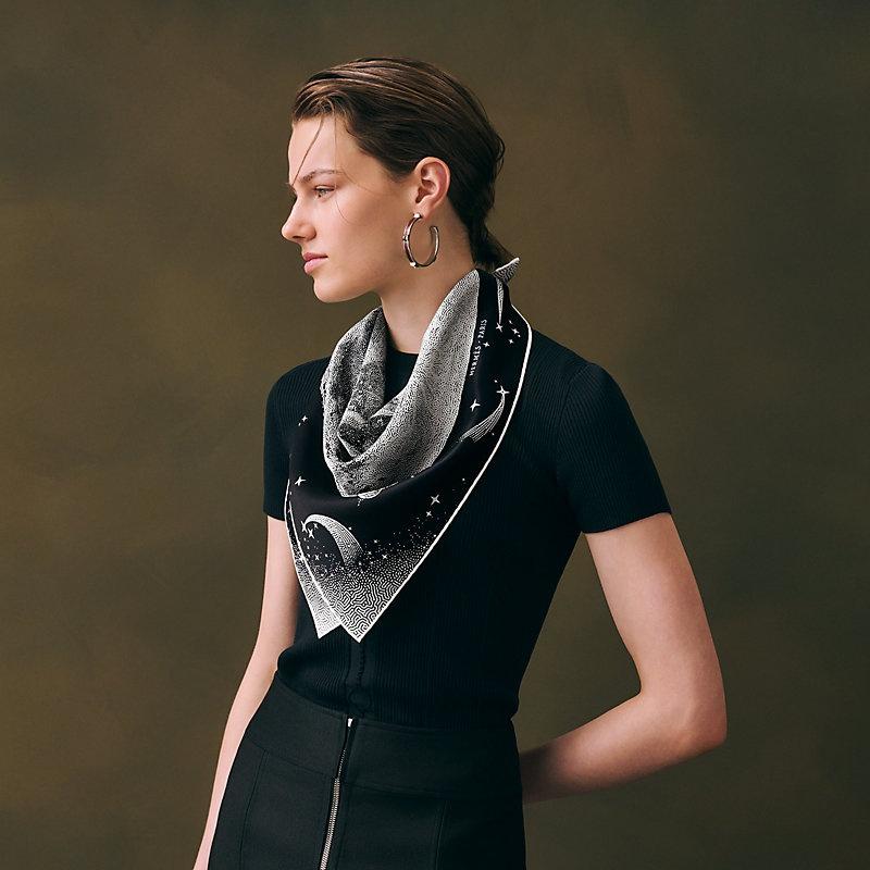 HERMES Clair de Lune Silk Scarf 70 Carré Black White Women
