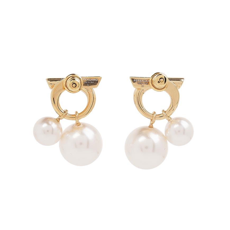 Ferragamo Double Pearl Earrings Gold White Women’s Jewelry