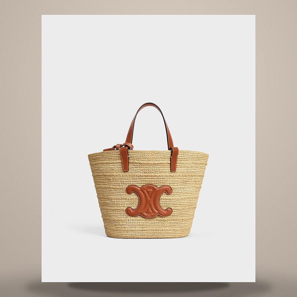 CELINE Teen Supple Classic Panier Raffia Calfskin Tote Bag Tan