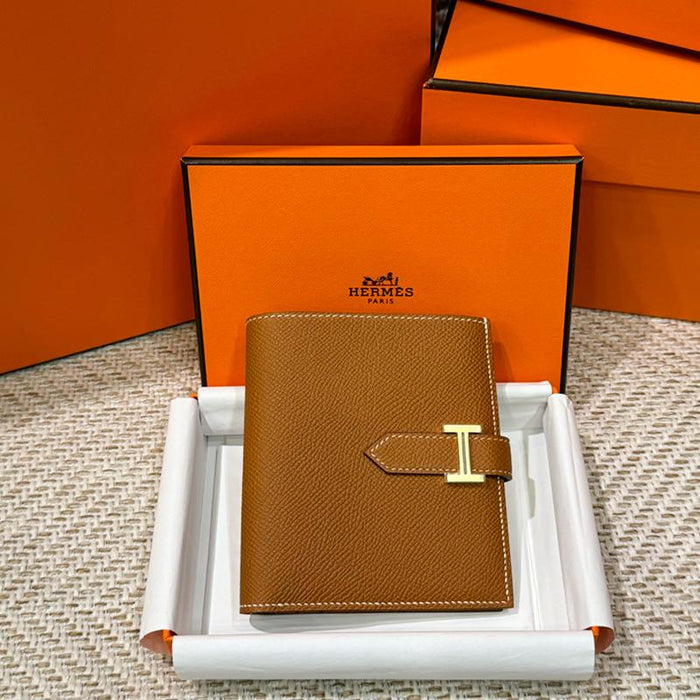HERMES Brown Epsom Leather Béarn Compact Wallet Gold Clip Unisex