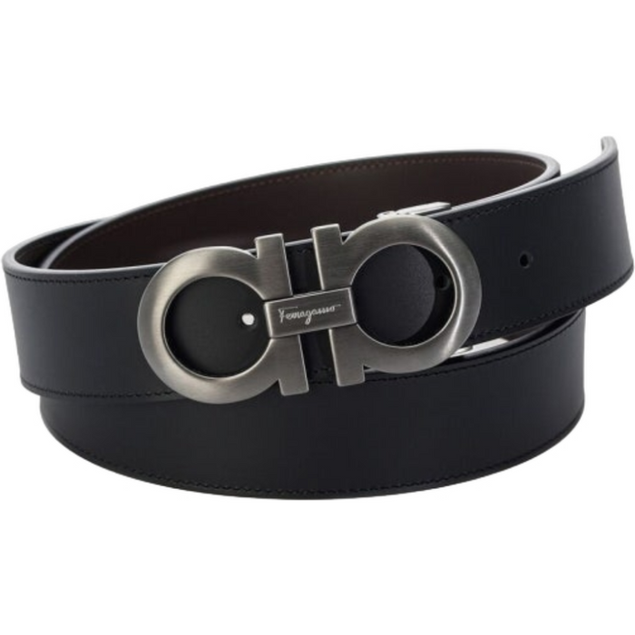 Ferragamo Black Dark Brown Reversible Gancini Leather Belt