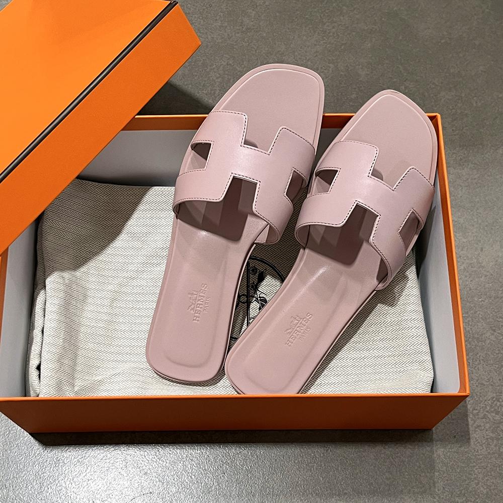 HERMES Oran Sandals Calfskin Rose Kankan Women’s Slippers