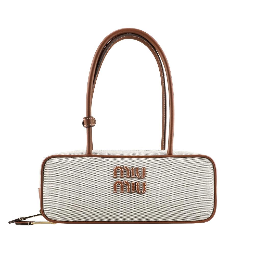 Miu Miu Small Canvas and Leather Shoulder Bag Beige Brandy