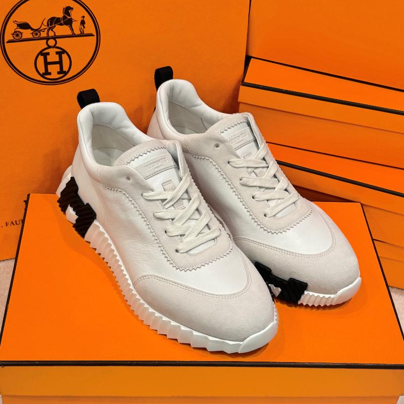 HERMES White Leather Bouncing Low-Top Sneakers with Black H Logo