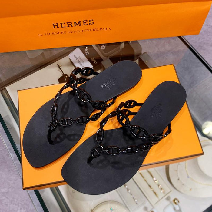 HERMES Black Chaine d’Ancre Twist Island Leather Sandals