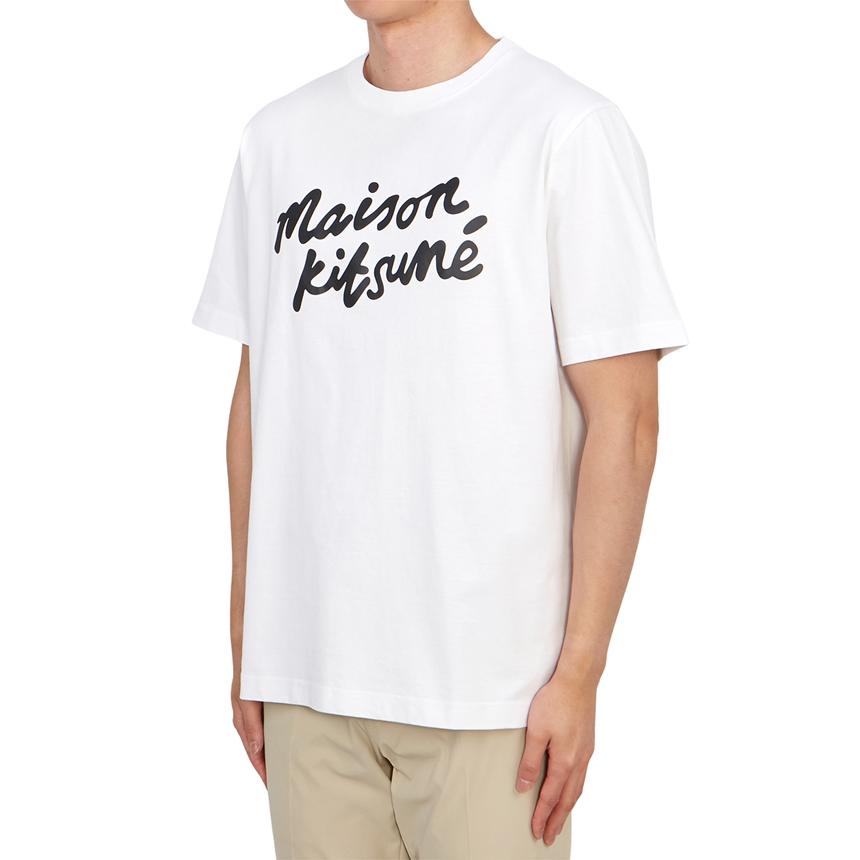 Maison Kitsune Handwriting Logo Men's Short Sleeve T-Shirt Navy Cotton