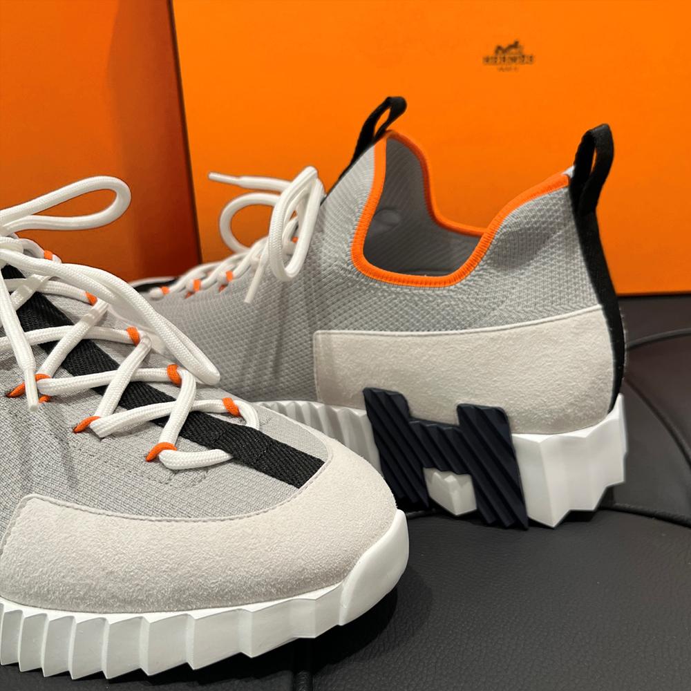 HERMES Gray Knit Calfskin H Logo Two-Tone Slip-On Low-Top Sneakers