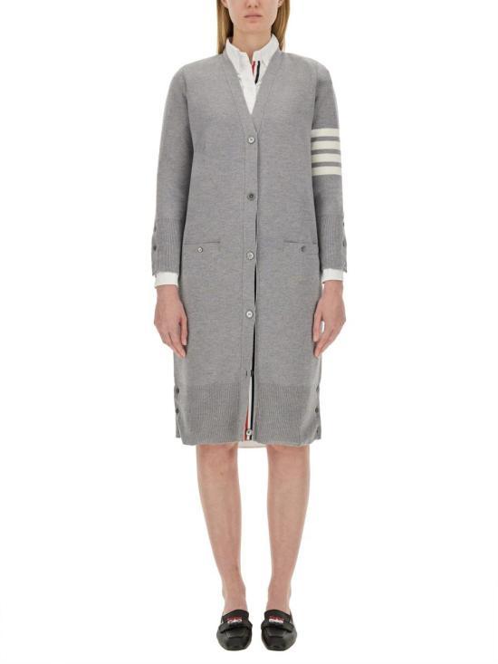 THOM BROWNE Wool Milano Stitch 4-Bar V-Neck Long Cardigan Light Gray