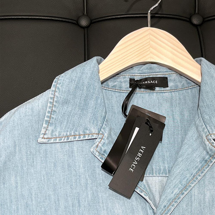 Versace Light Blue Denim Short Sleeve Shirt Gold Pattern Flat Collar Pocket