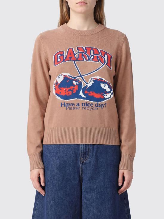 GANNI Camel Wool Blend Crewneck Sweater