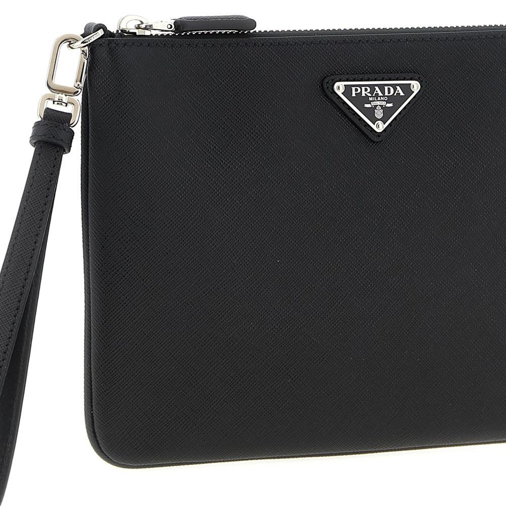 PRADA Black Saffiano Leather Triangle Logo Clutch Bag 2NH024 PN9 F0002