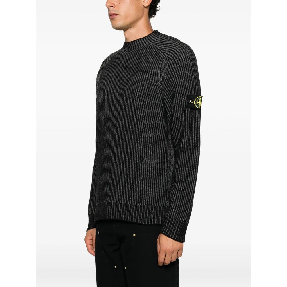 STONE ISLAND Black Wool Crewneck Knit Sweater