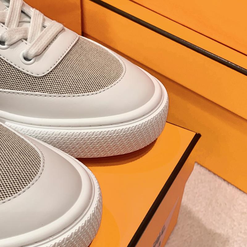 HERMES Canvas Calfskin Keep Sneaker Mules White Beige