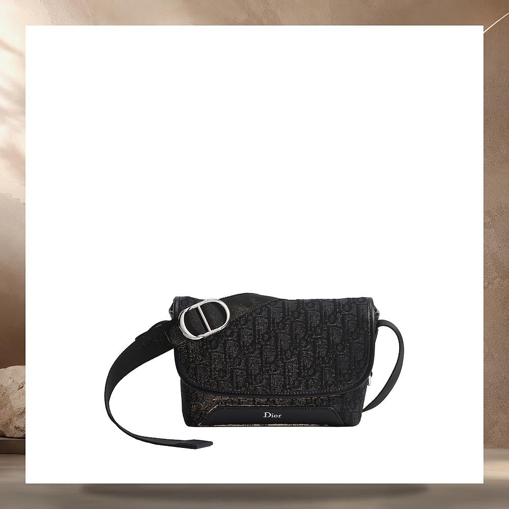 DIOR Black Oblique Jacquard Mini Flap Strap Shoulder Bag
