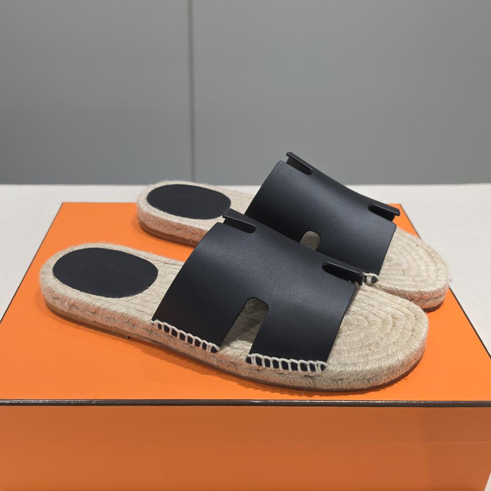 HERMES Men’s Suede Goatskin Antigua Espadrille Slippers Black