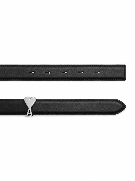 AMI Glazed Leather Small Heart Logo Buckle Belt Black/Silver