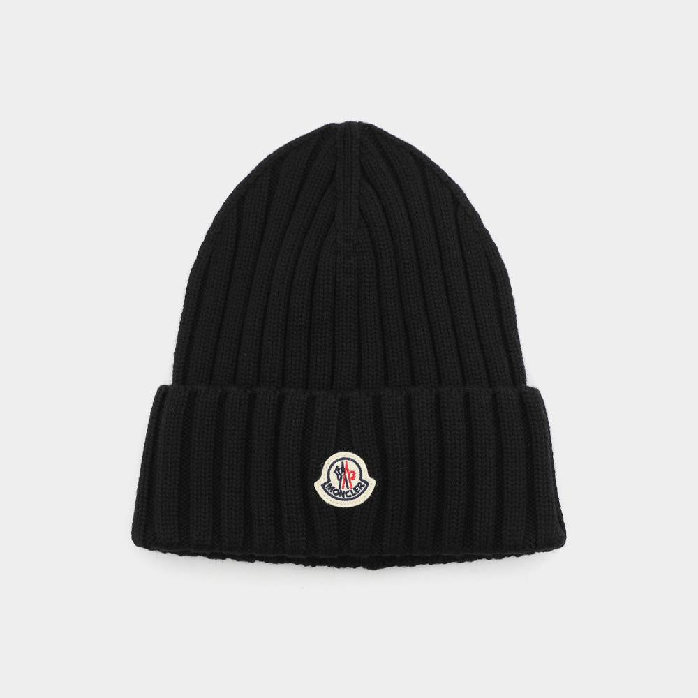 Moncler Ribbed Wool Beanie with Patch Logo Black Women’s