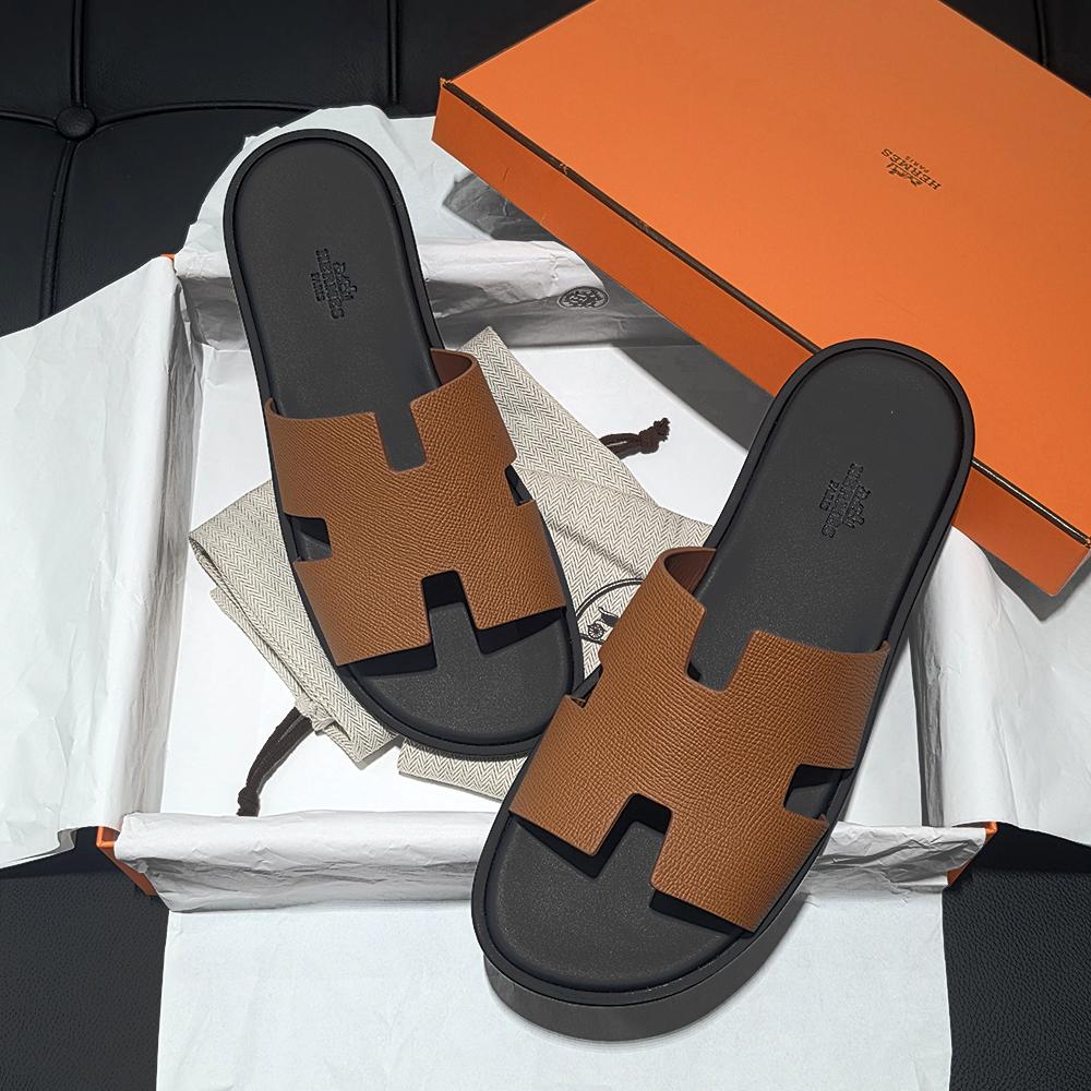 HERMES Men’s Izmir Brown Black Leather Slide Sandals