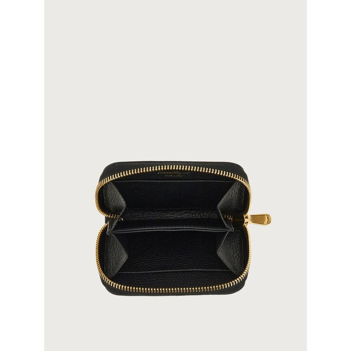 Ferragamo Gancini Zip Card Holder Leather Unisex Black Wallet