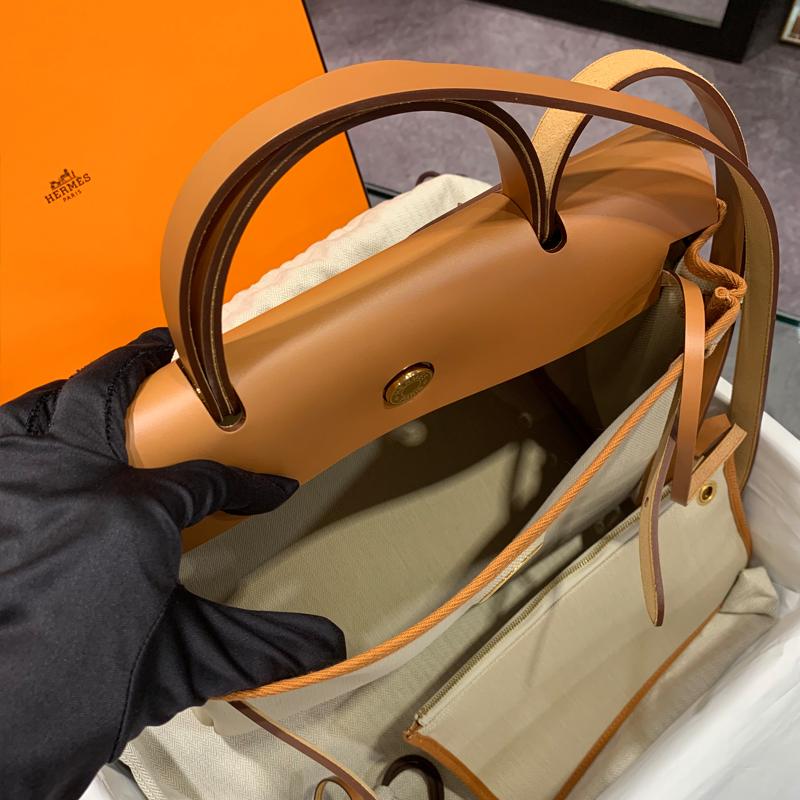 HERMES Herbag 31 Shoulder Tote Bag Beton Canvas Gold Hardware