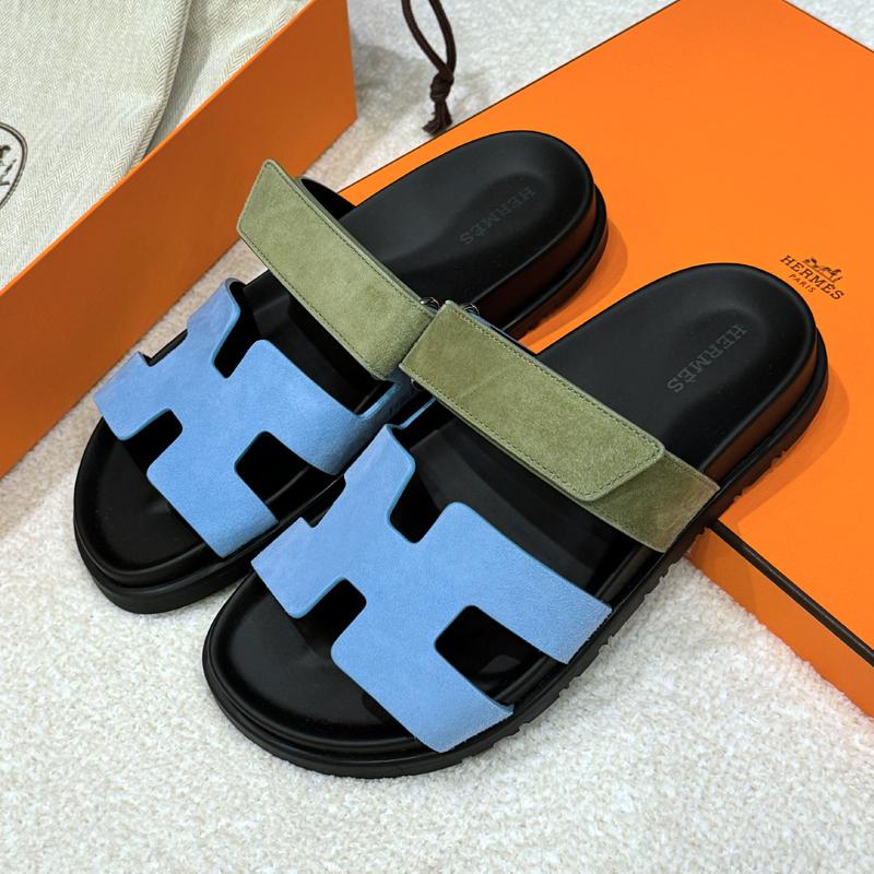 HERMES Women’s Suede Goatskin Chypre Sandals Blue Khaki