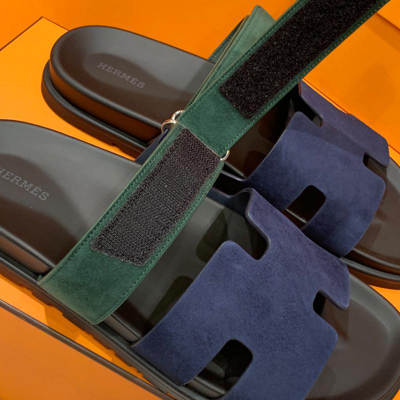 HERMES Men’s Chypre Suede Calfskin Green Blue Two-Tone Sandals