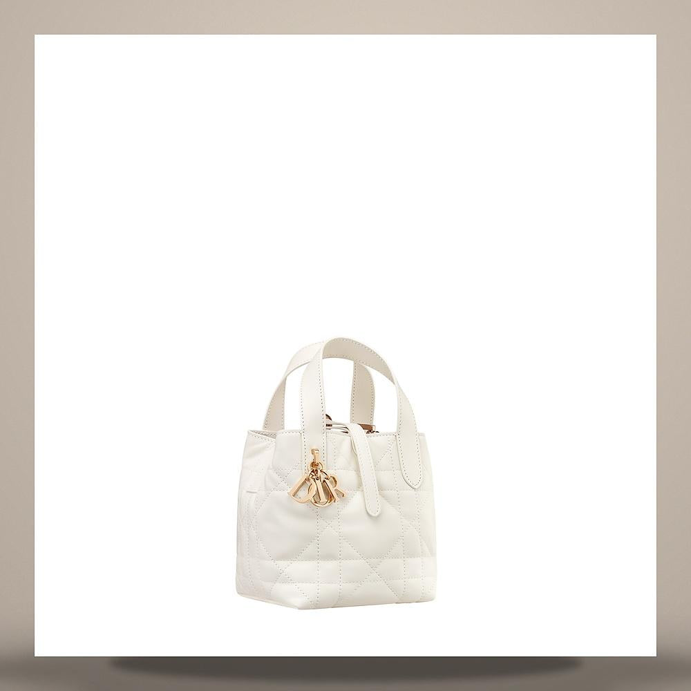 DIOR Latte Calfskin Macro Cannage Nano Vertical Tote Crossbody Bag