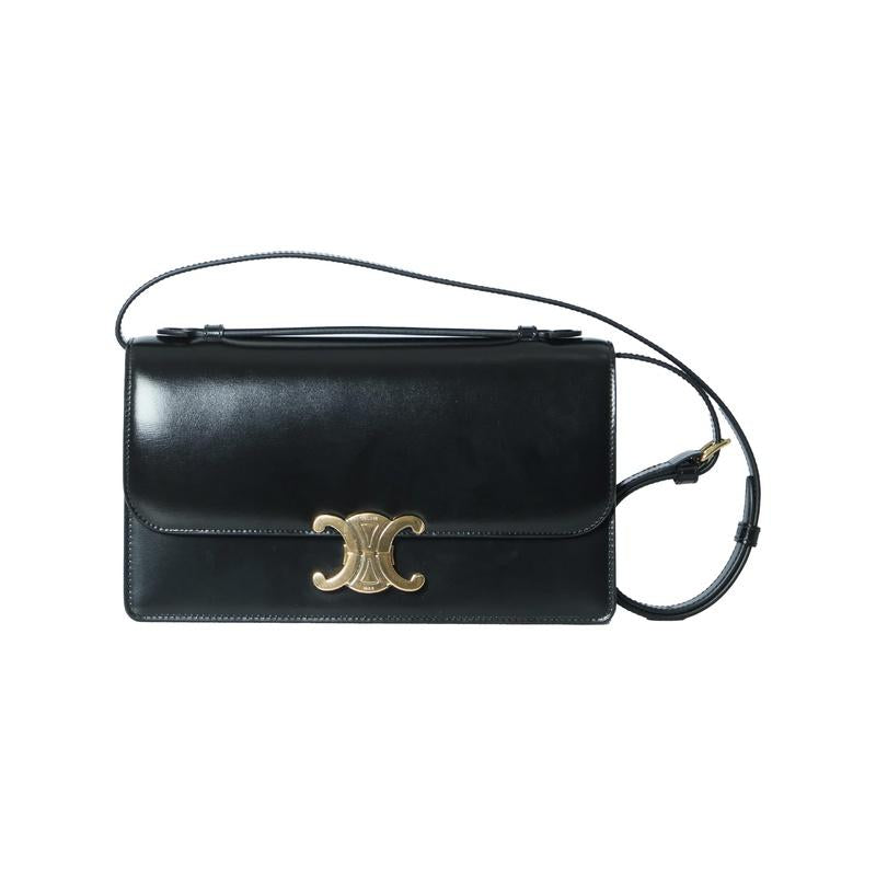 CELINE Medium Triomphe Folio Shoulder Bag Black Leather