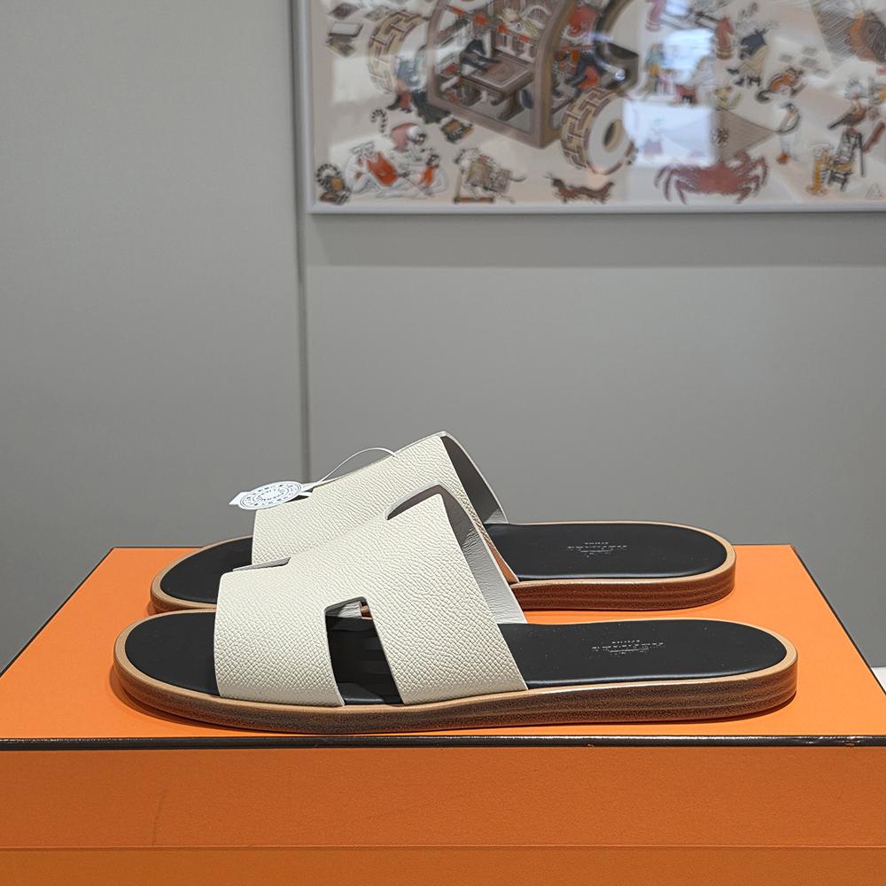 HERMES Izmir Two-Tone Ivory Deep Brown Calfskin Epsom Leather Slippers