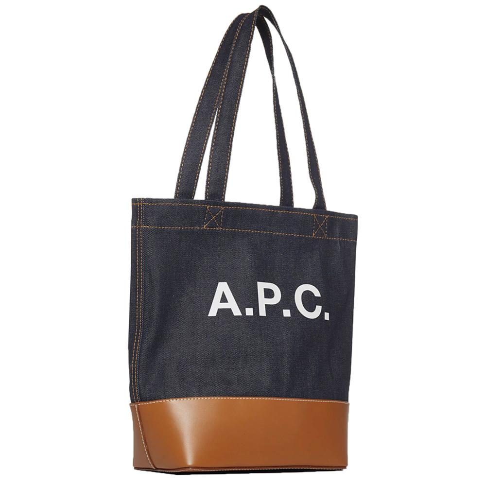 A.P.C. Axel Small Logo Denim Shopper Tote Bag Navy Caramel