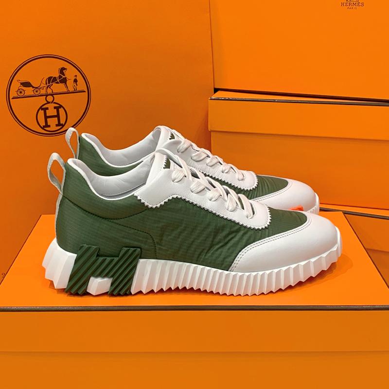 HERMES Men Bouncing Ripstop Fabric Calfskin Khaki H Two-Tone Sneakers