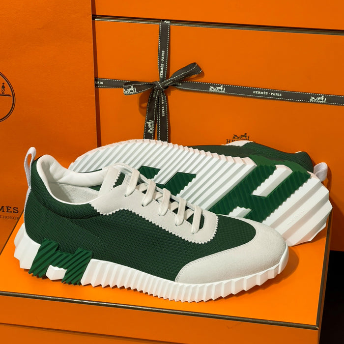 HERMES Bouncing Sneakers Mesh Suede Goatskin Green White Men’s Low-Top